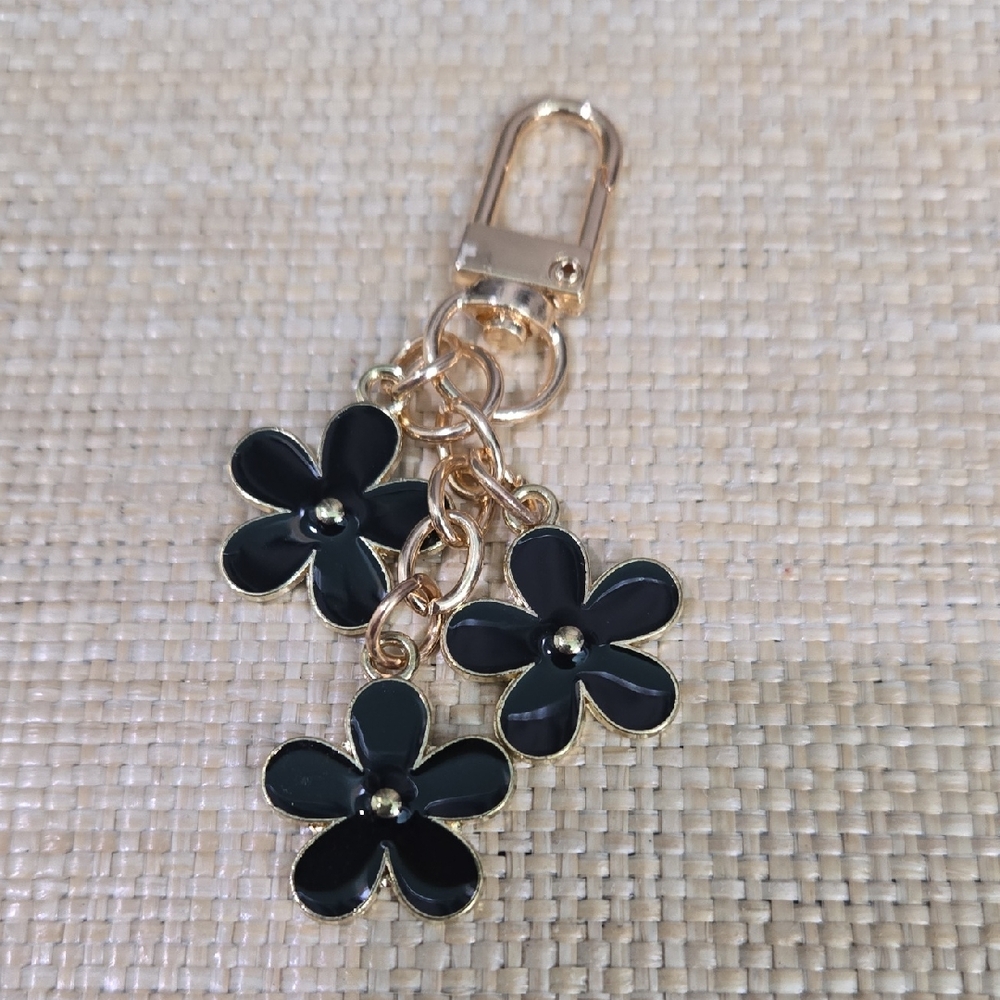 Gold Tone Black Flower Keychain Bag Charm